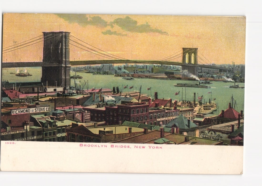 Brooklyn Bridge, New York City skyline and harbor view, early 20th century chromolithograph (1 of 2)