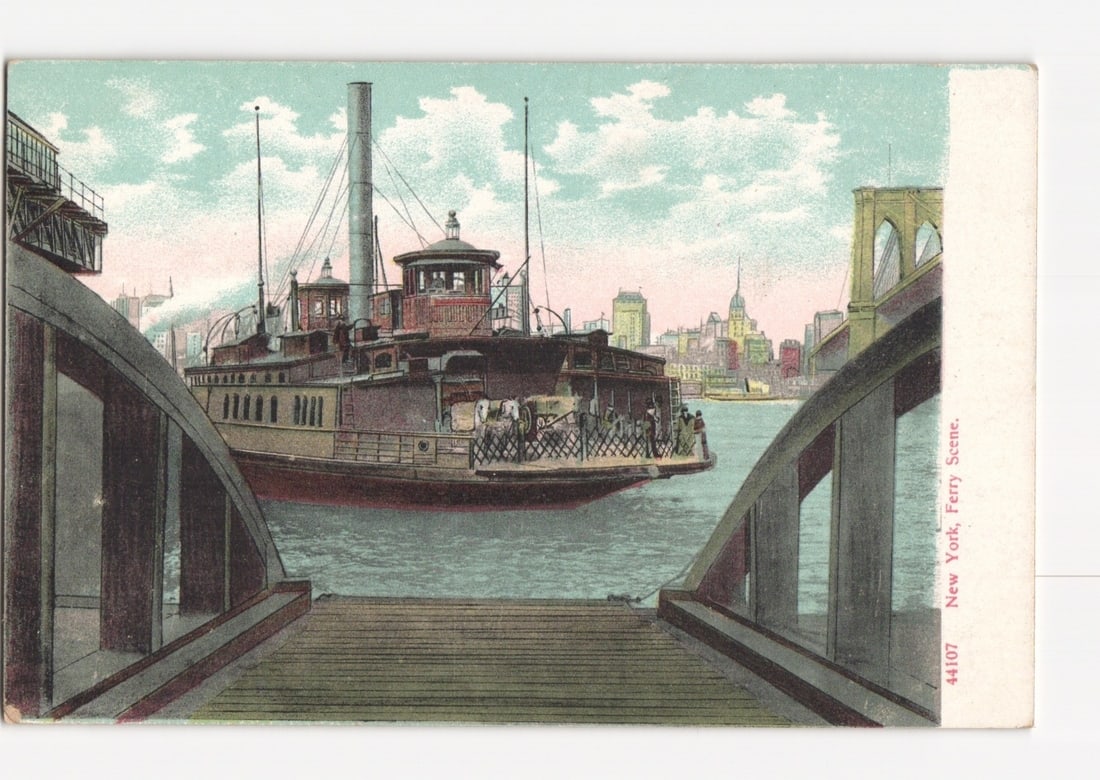 Scenic View of a New York City Ferry with Brooklyn Bridge and Skyline, Early 20th Century postcard (1 of 2)