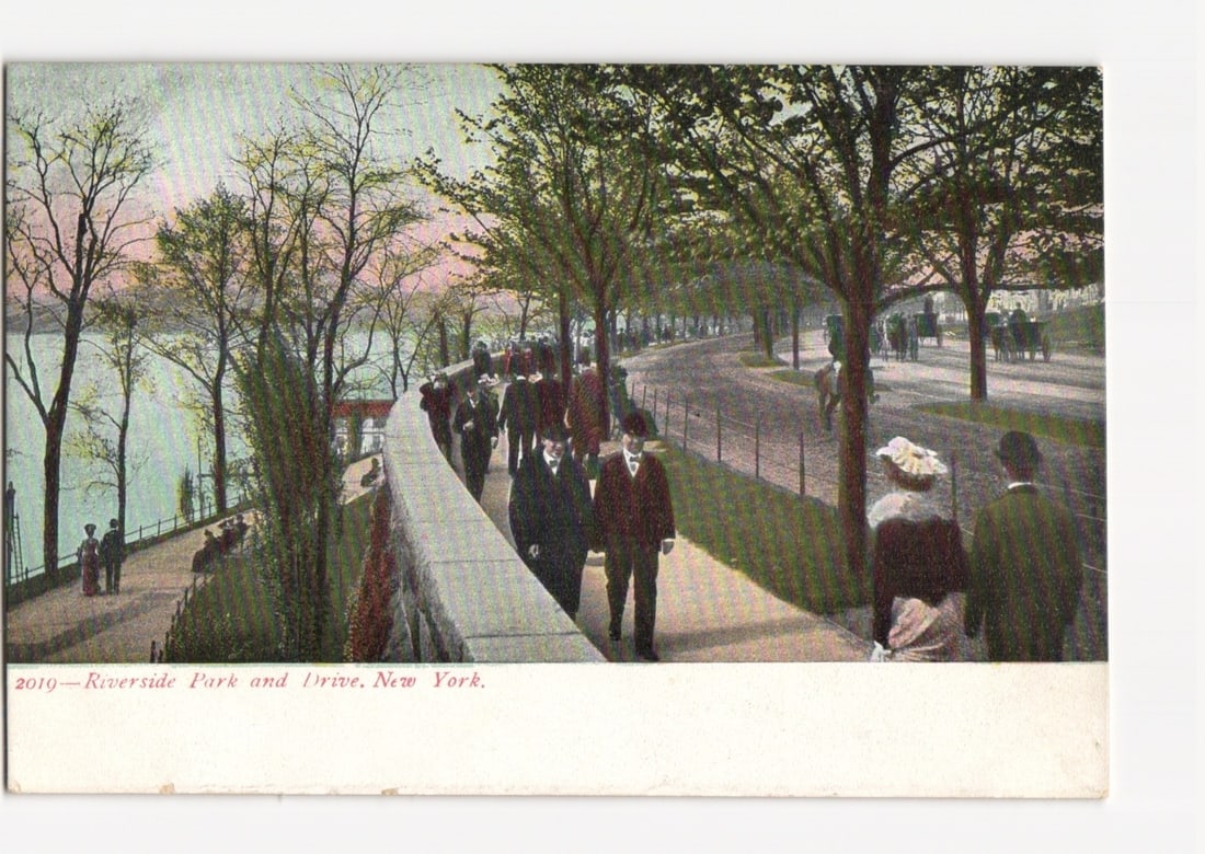 Riverside Park and Drive, New York City, pedestrians and carriages, circa 1900-1910 postcard: A scenic view of Riverside Park and Drive in New York City is depicted, showing a tree-lined boulevard curving to the right with horse-drawn carriages and early motor vehicles. A raised promenade or w