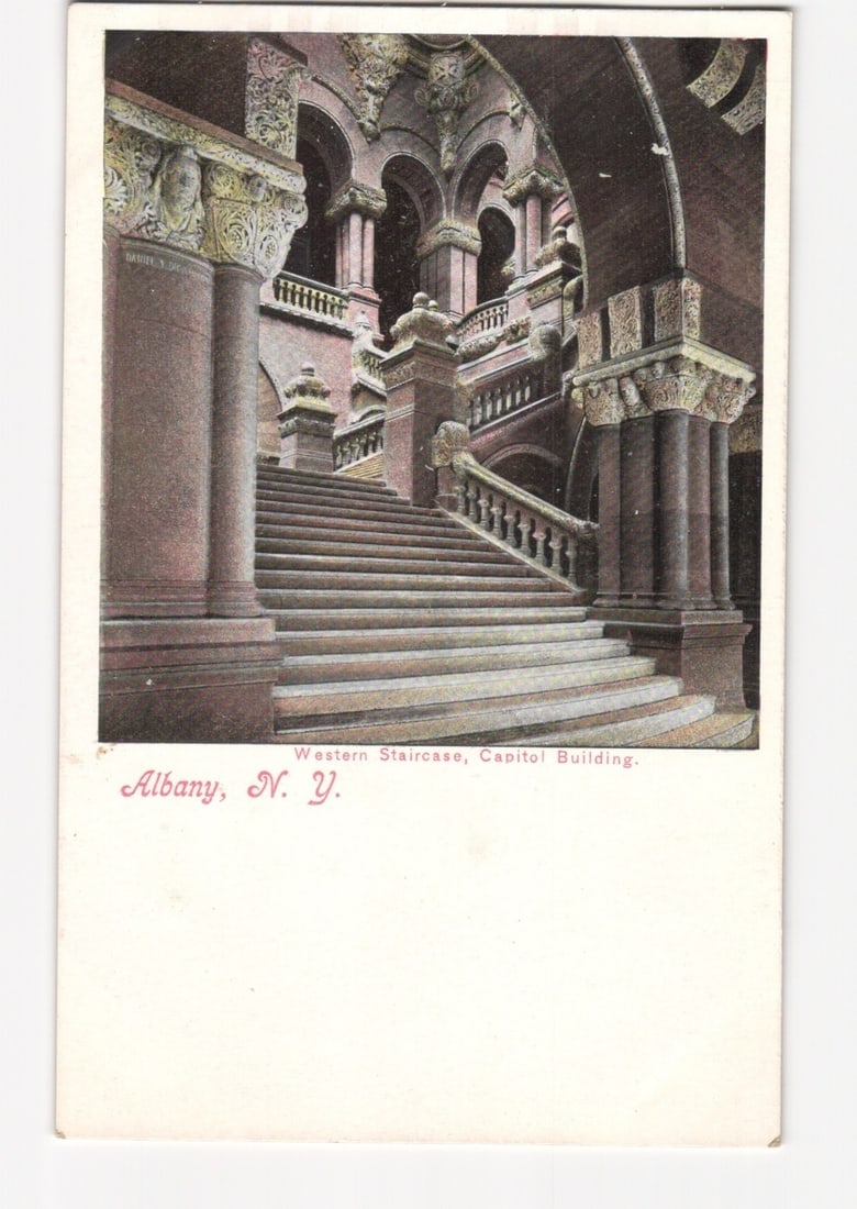 Early 20th C. Albany, N. Y. Capitol Building Western Staircase chromolithograph postcard. (1 of 2)
