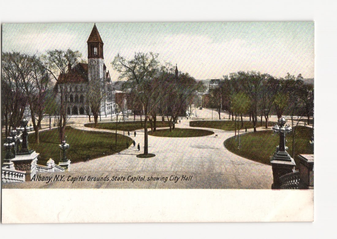Scenic postcard of Albany, New York, Capitol Grounds, State Capitol and City Hall.: A wide-angle view depicts the Capitol Grounds in Albany, New York, featuring prominent architectural structures. The State Capitol, identifiable by its large tower and Romanesque-style architecture, i