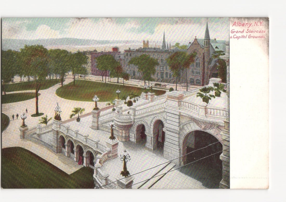 Albany, N.Y. Grand Staircase and Capitol Grounds cityscape view, early 20th century postcard. (1 of 2)
