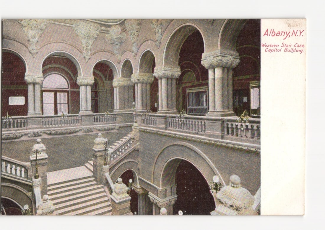 Albany, New York, Capitol Building Western Stair Case interior architectural postcard, circa 1900s. (1 of 2)