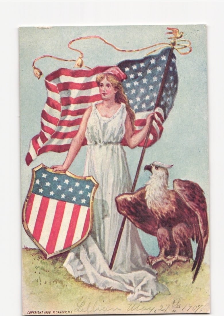 United States Allegorical Figure Lady Liberty with Flag and Eagle 1906 Chromolithograph Postcard (1 of 2)