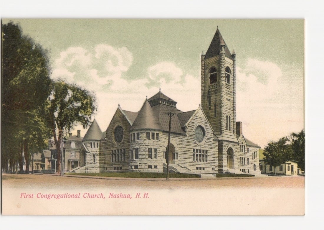 Architectural Postcard of First Congregational Church, Nashua, N. H., Early 20th Century: A large stone church building is the primary subject, shown from a street-level perspective. It features a tall bell tower with a pointed spire on its right, multiple gabled sections, and various arch