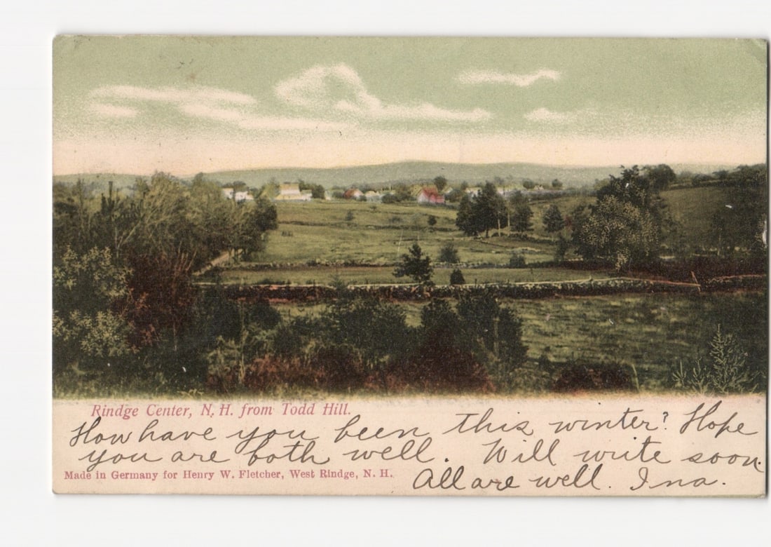 Rindge Center, New Hampshire, from Todd Hill rural landscape postcard, circa 1907.: A panoramic view of Rindge Center, New Hampshire, from an elevated perspective on Todd Hill. The image depicts a rolling rural landscape with green fields, abundant trees, and scattered residential bu