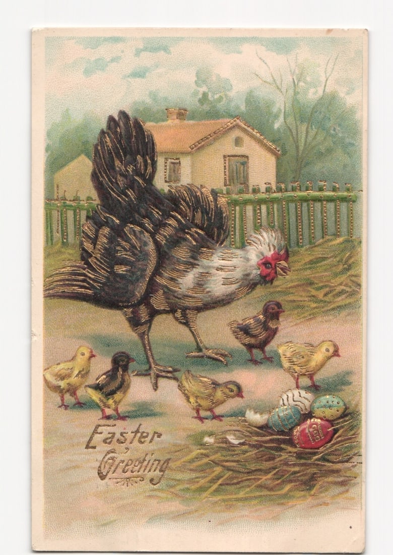 Easter Greeting Hen Chicks Eggs Popponell MA 1c US Stamp Printed Postcard 1913 (1 of 2)