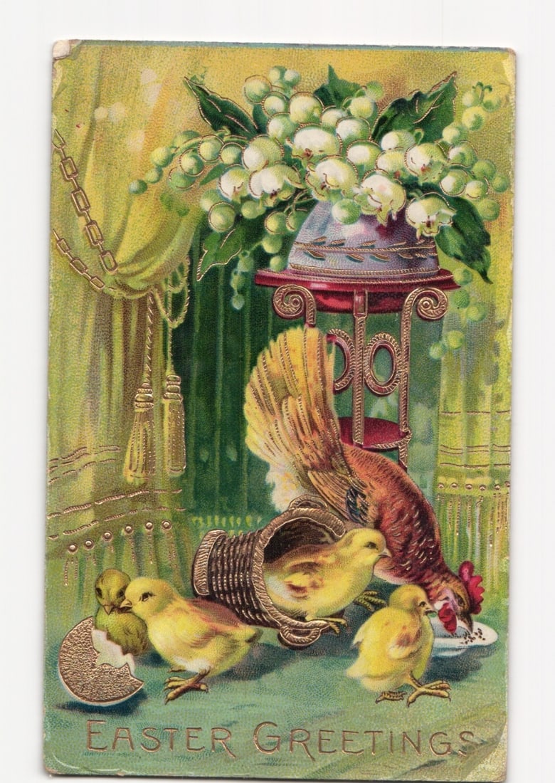 Chicks, hen, and floral Easter Greetings postcard with embossed gold accents, early 20th century. (1 of 2)