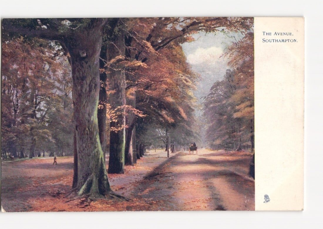 Autumnal Tree-Lined Avenue in Southampton, England, chromolithograph postcard, early 20th century. (1 of 2)
