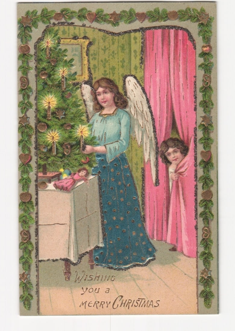 Victorian Era Christmas Angel Decorating Tree with Peeking Child, Ornate Border Postcard (1 of 2)