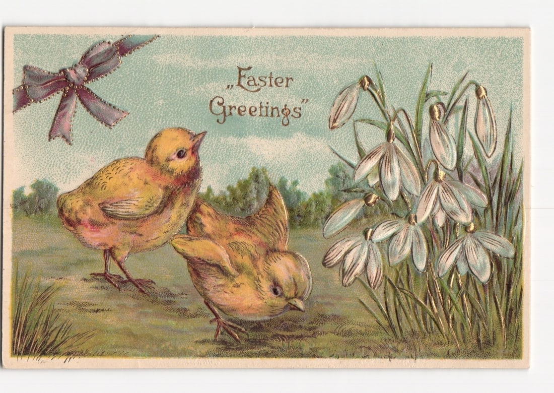 Easter Greetings Postcard: Two Chicks, Snowdrop Flowers, and Ribbon, German Chromolithograph (1 of 2)