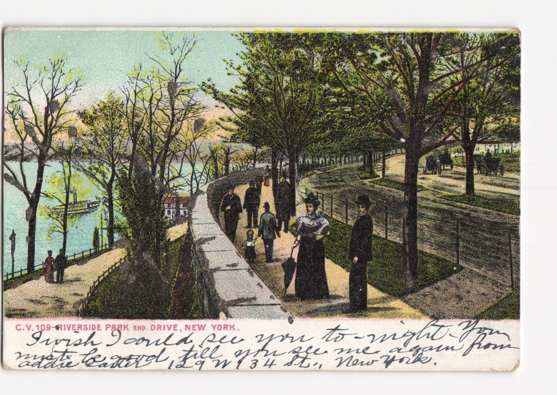 Riverside Park and Drive, New York, Pedestrians and River Scene, c. 1909 Lithograph postcard (1 of 2)
