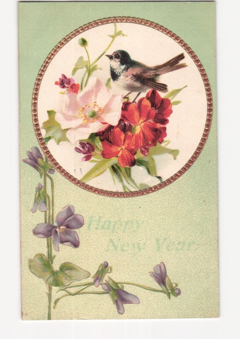 Decorative New Year postcard with bird perched on flowers, featuring violets and 1907 postmark.: A small bird with dark plumage and a light breast is perched atop a vibrant bouquet of flowers, including pink, red, and purple blossoms, centrally framed within a circular patterned border. Below thi
