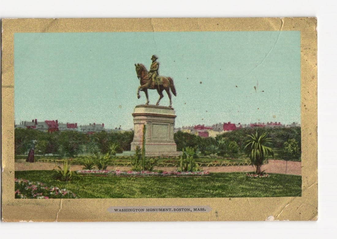 Equestrian George Washington Monument, Boston, Massachusetts, Historic City View Postcard: An equestrian statue of George Washington on a stone pedestal stands centrally in a landscaped park. The uniformed figure rides a rearing horse. The park features lawns, flower beds, and shrubs, with 