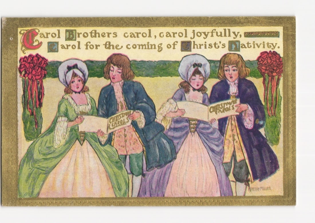 Four Christmas Carolers in Period Attire with Gold Border Art Postcard, Early 20th Century (1 of 2)