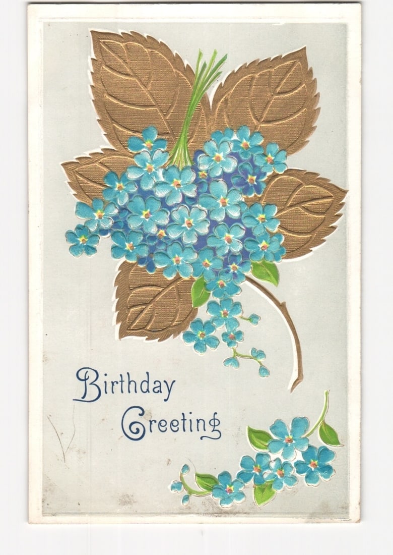 Antique Birthday Greeting Postcard with Blue Forget-Me-Nots and Embossed Floral Design: An artistic color lithograph depicts a vibrant bouquet of blue forget-me-not flowers with textured golden brown leaves, centrally positioned on a light gray background. Smaller sprigs of blue forget-m