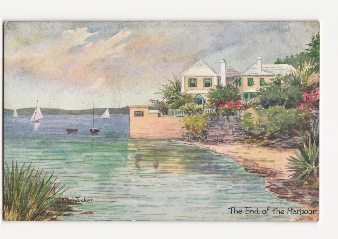 Bermuda Watercolor Postcard: 'The End of The Harbour' by Ethel Tucker, with Waterfront Houses (1 of 2)