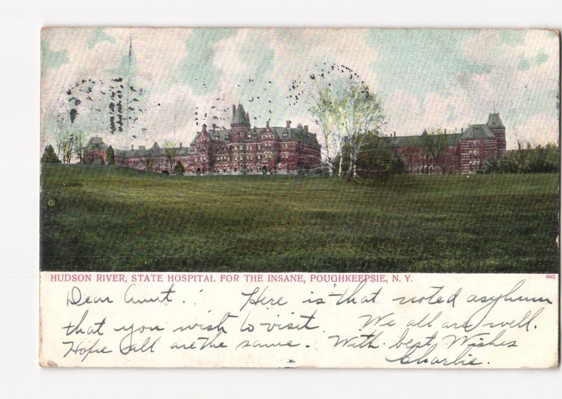 Poughkeepsie, N.Y. Hudson River State Hospital for the Insane institutional postcard, 1907.: A long-shot view depicts the Hudson River State Hospital for the Insane in Poughkeepsie, N.Y. The substantial brick institutional building, characterized by multiple gables, towers, and extended wings