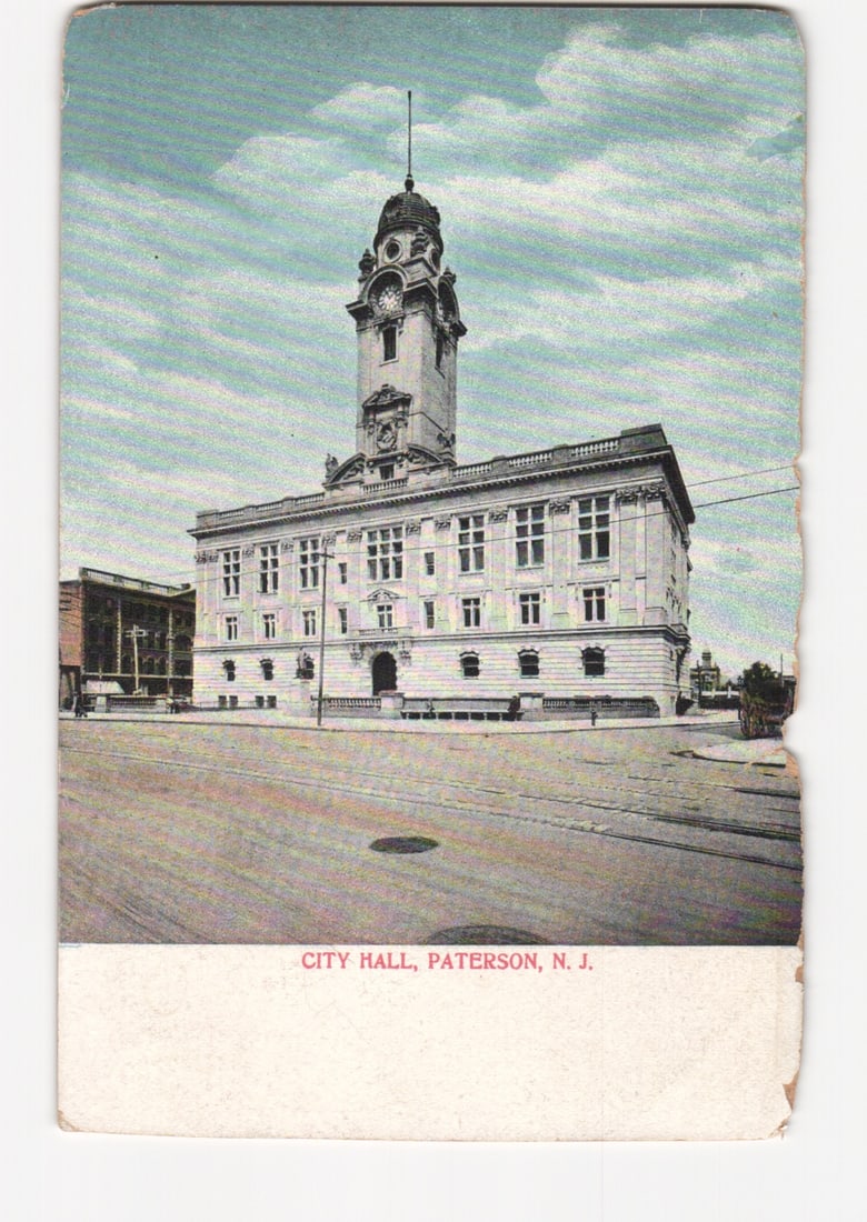 Architectural postcard of City Hall, Paterson, N.J., featuring a prominent clock tower, early 20th (1 of 2)