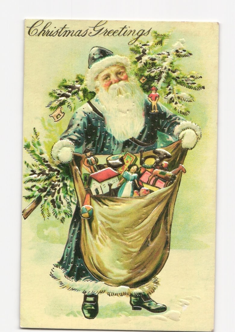 1979 Replica Christmas Greetings postcard featuring Santa Claus with a sack of toys and snowy trees. (1 of 2)