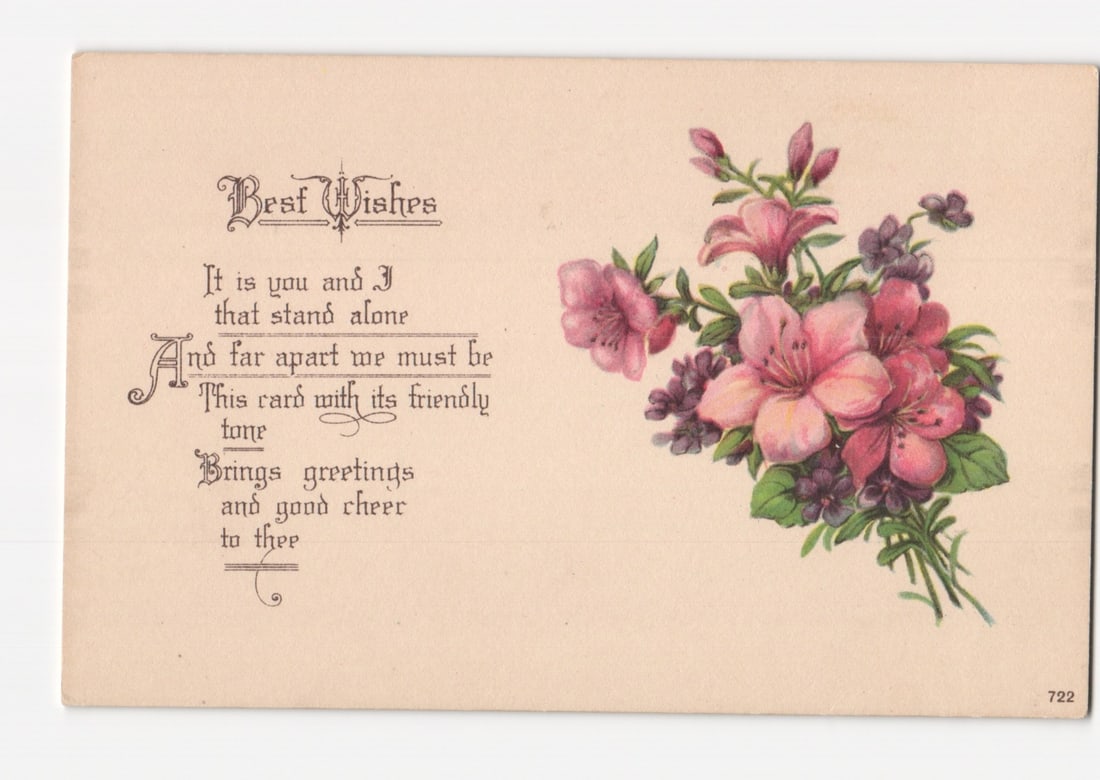Early 20th Century 'Best Wishes' Poem Postcard with Illustrated Pink and Purple Flowers (1 of 2)