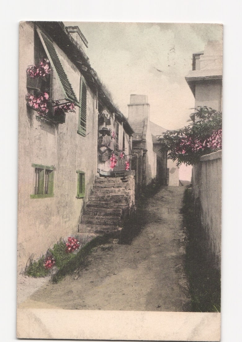 Hand-Colored Postcard of a Narrow Alleyway and Homes with Flowers, Hamilton, Bermuda, 1906 (1 of 2)