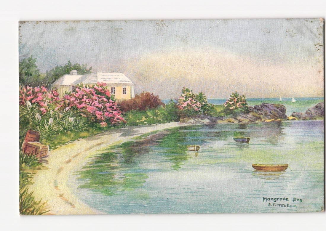 Picturesque Chromolithograph Postcard of Mangrove Bay, Bermuda Featuring Coastal House and Boats (1 of 2)