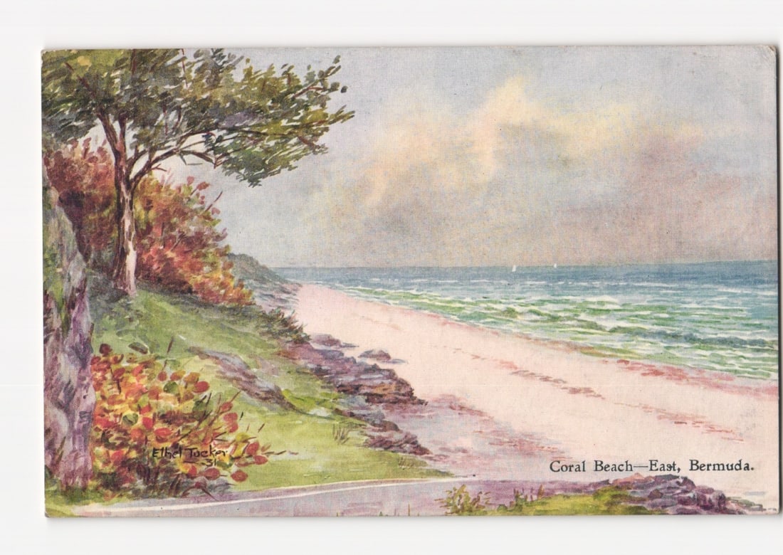 Color postcard depicting a scenic coastal landscape at Coral Beach, East, Bermuda.: A color illustration depicts a tranquil coastal scene at Coral Beach, East, Bermuda. The foreground features a sandy road leading to a beach, which stretches along the right side of the image towards 