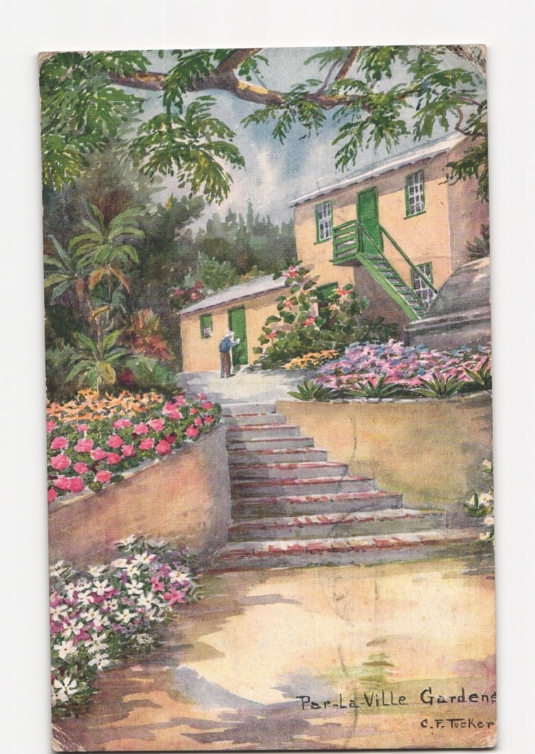 Illustrated Postcard of Par-La-Ville Gardens, Bermuda, with House and Figure, 1920s (1 of 2)