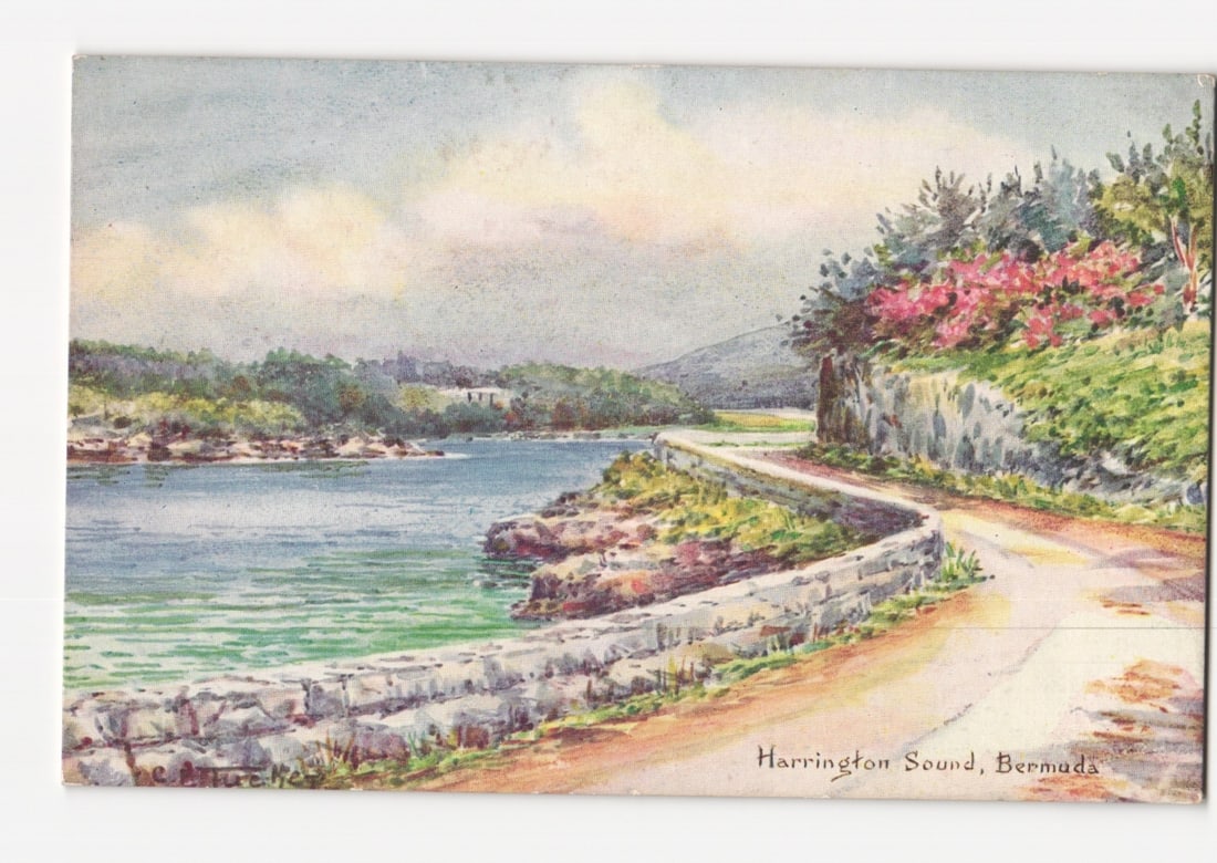 Scenic watercolor postcard of Harrington Sound, Bermuda, featuring a winding coastal road.: A watercolor-style illustration depicts a serene coastal landscape of Harrington Sound, Bermuda. A calm body of water occupies the left and central foreground, its edge defined by a low stone wall and