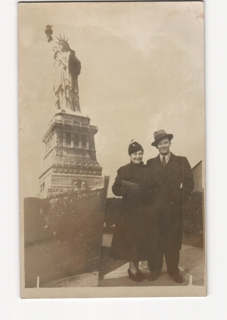 Mid-20th Century Photograph Postcard of a Couple Posing at the Statue of Liberty, New York (1 of 2)