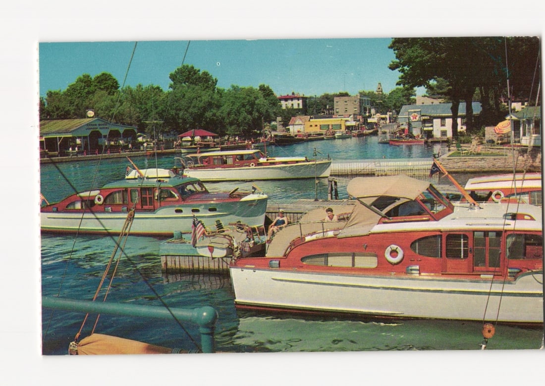Alexandria Bay Municipal Boat Docks, New York, postcard featuring multiple yachts in 1000 Islands (1 of 2)
