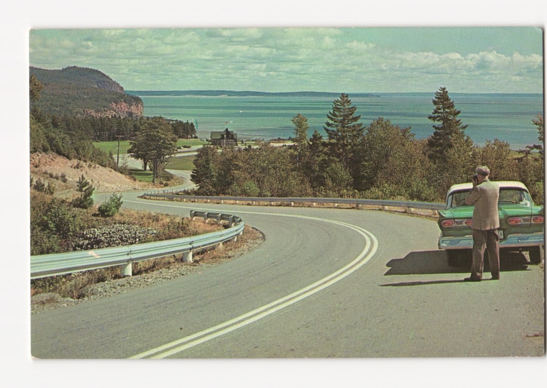Scenic Coastal Highway with Vintage Car and Photographer, Fundy National Park, Canada postcard (1 of 2)