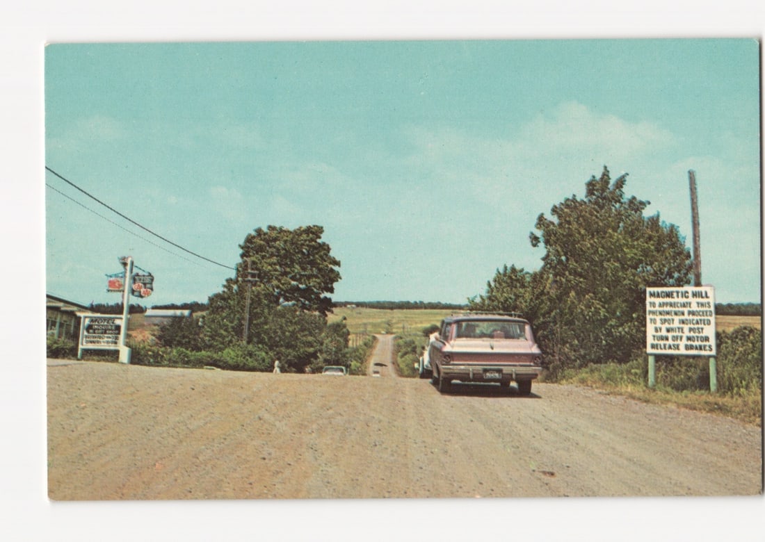Magnetic Hill, New Brunswick, Canada Road Scene with Automobile and Signs Postcard (1 of 2)