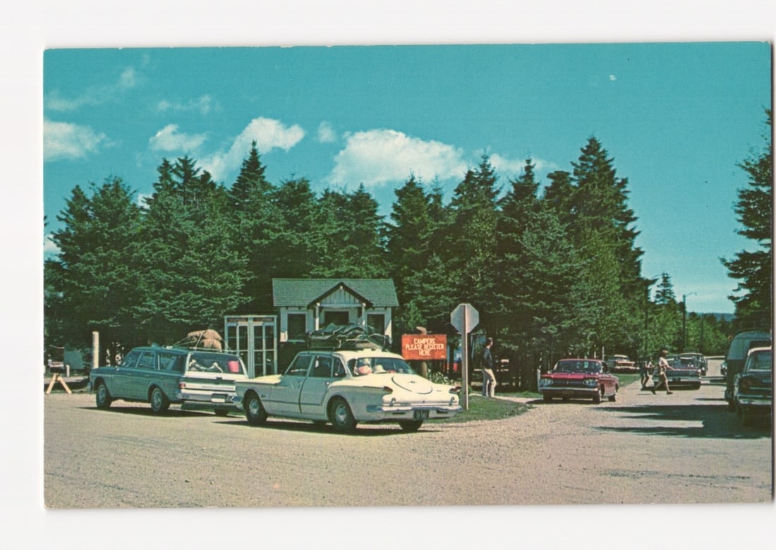 Vintage Cars at Fundy National Park Camping Grounds Entrance, New Brunswick, Canada postcard (1 of 2)