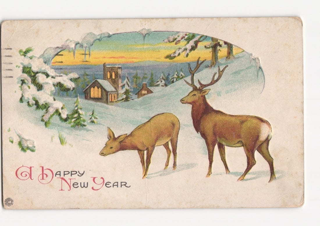 New Year postcard depicting deer in a snowy village scene with sunset sky, Elizabeth, New Jersey, (1 of 2)