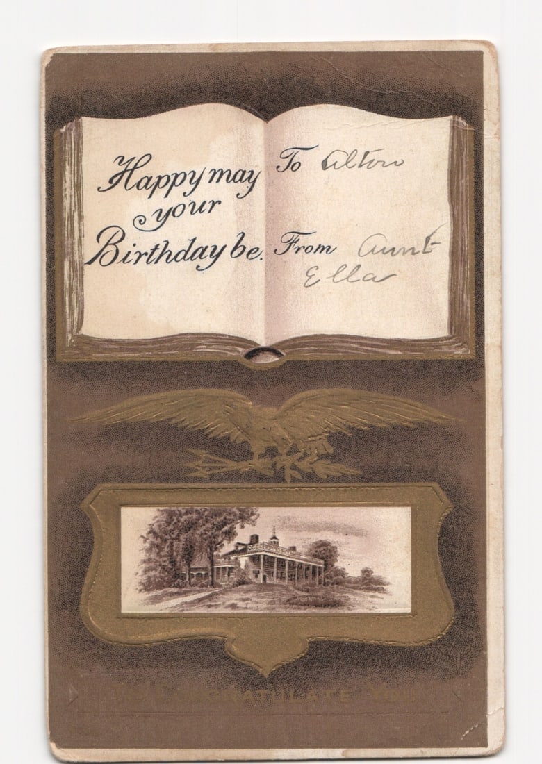 Early 20th Century Birthday Greeting postcard with Classical House and Eagle motif (1 of 2)