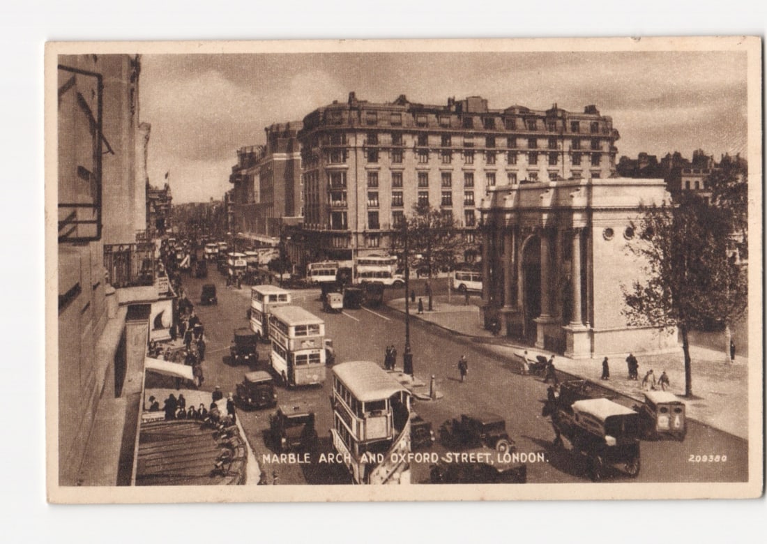 Historic Sepia Tone Postcard: Marble Arch and Oxford Street in London, with Early Vehicles (1 of 2)