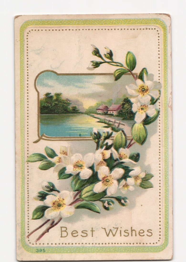 1912 Era 'Best Wishes' Chromolithograph Postcard Featuring Flowers and Scenic Lake View (1 of 2)