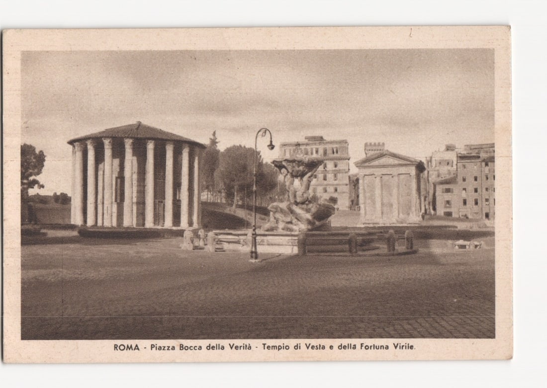 Sepia-toned postcard: Temples of Vesta & Fortuna Virile, Piazza Bocca della Verita, Rome. (1 of 2)