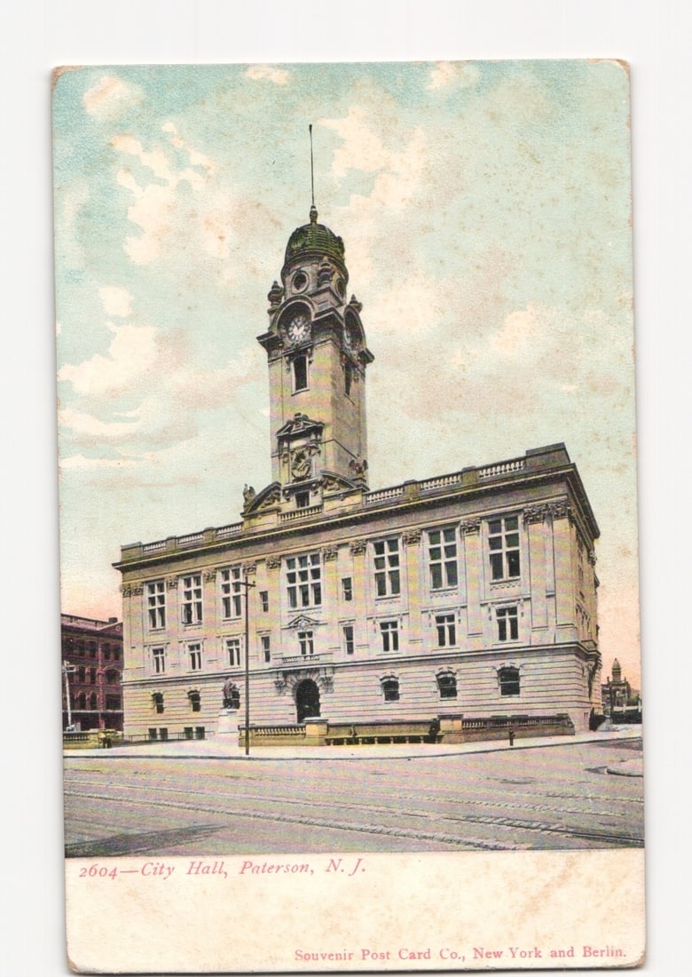 Early 20th Century Colorized Lithograph Postcard of City Hall, Paterson, N.J. (1 of 2)