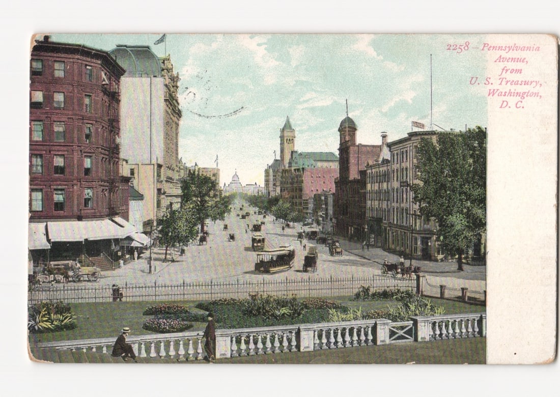 Early 20th Century Pennsylvania Avenue, Washington, D.C., with Traffic and Buildings Postcard: A chromolithograph depicting a panoramic view of Pennsylvania Avenue in Washington, D.C., as seen from the vicinity of the U.S. Treasury building. The scene captures a bustling street with horse-drawn