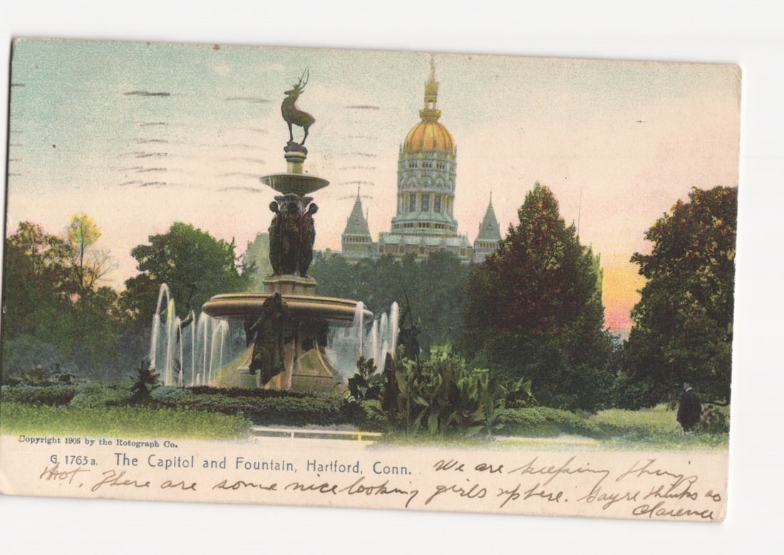 Capitol Building and Fountain with Deer Statue, Hartford, Conn., 1909 Colorized Postcard: A colorized photograph depicts the Connecticut State Capitol Building and a multi-tiered fountain in Hartford. The fountain, in the foreground, features several figures and is topped by a statue of a 