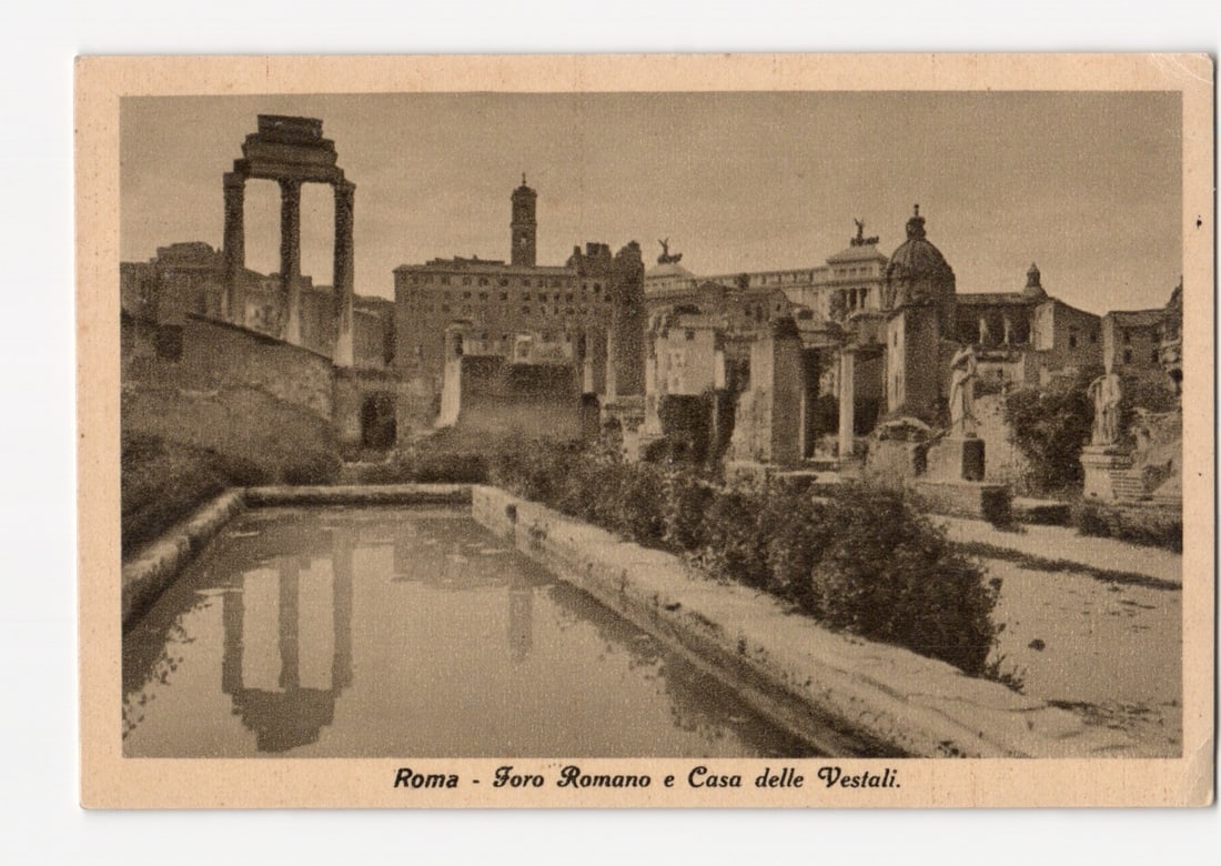 Vintage Sepia Photo Postcard of Rome's Roman Forum and Vestal's House, Early 20th Century.: A sepia-toned photographic postcard depicts a wide view of the Roman Forum ruins in Rome, Italy. In the foreground, a rectangular pool reflects the surrounding ancient structures. Beyond the pool, var