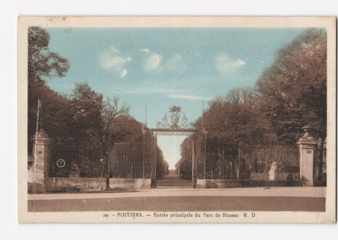 Poitiers, Main Entrance of Blossac Park, Tree-Lined Avenue, Tinted Photographic postcard: A tinted photographic postcard depicts the main entrance to Parc de Blossac in Poitiers, France. The central composition features an ornate wrought-iron gate, flanked by substantial stone pillars topp