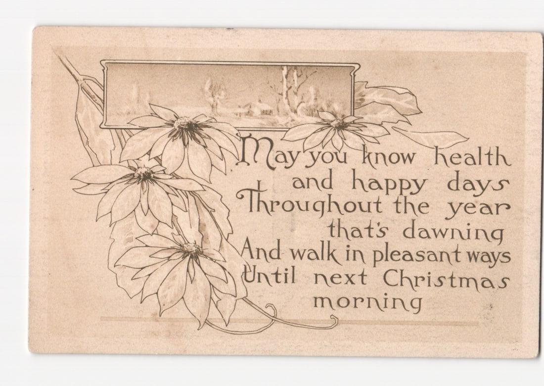 Sepia-toned Christmas postcard with poinsettia illustration, winter scene, and poem, 1910.: An illustrated Christmas scene featuring a central group of outlined poinsettia flowers with layered petals, extending from the lower left. Above the poinsettias, a rectangular framed vignette depicts