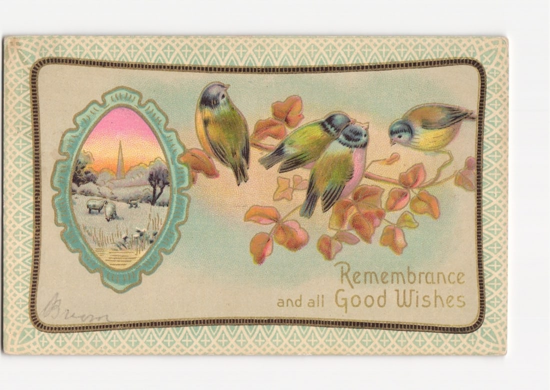 Sentimental chromolithograph postcard: birds, branch, snowy village, and good wishes.: A chromolithograph postcard features four small birds perched on a leafy branch with reddish-brown foliage. The birds exhibit green, yellow, and pinkish-brown plumage. To the upper left, an oval inset