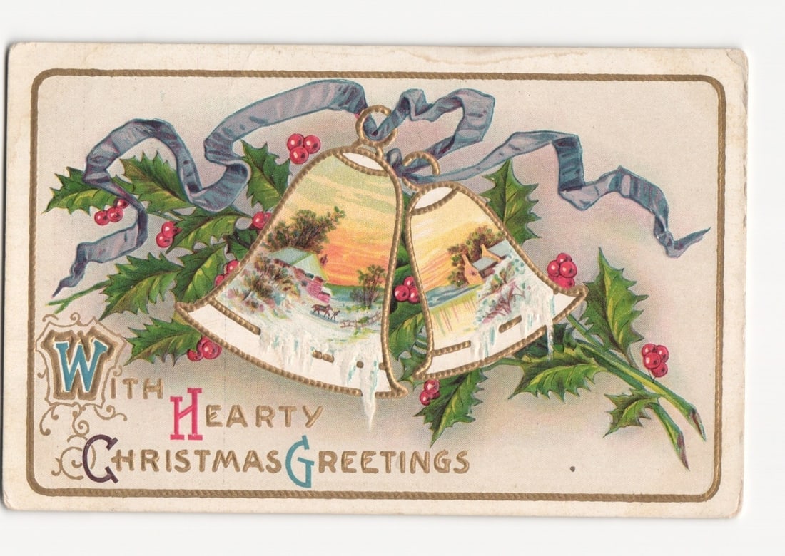 Festive Chromolithograph Christmas Bells, Holly, and Winter Scenes Postcard, Early 20th Century (1 of 2)