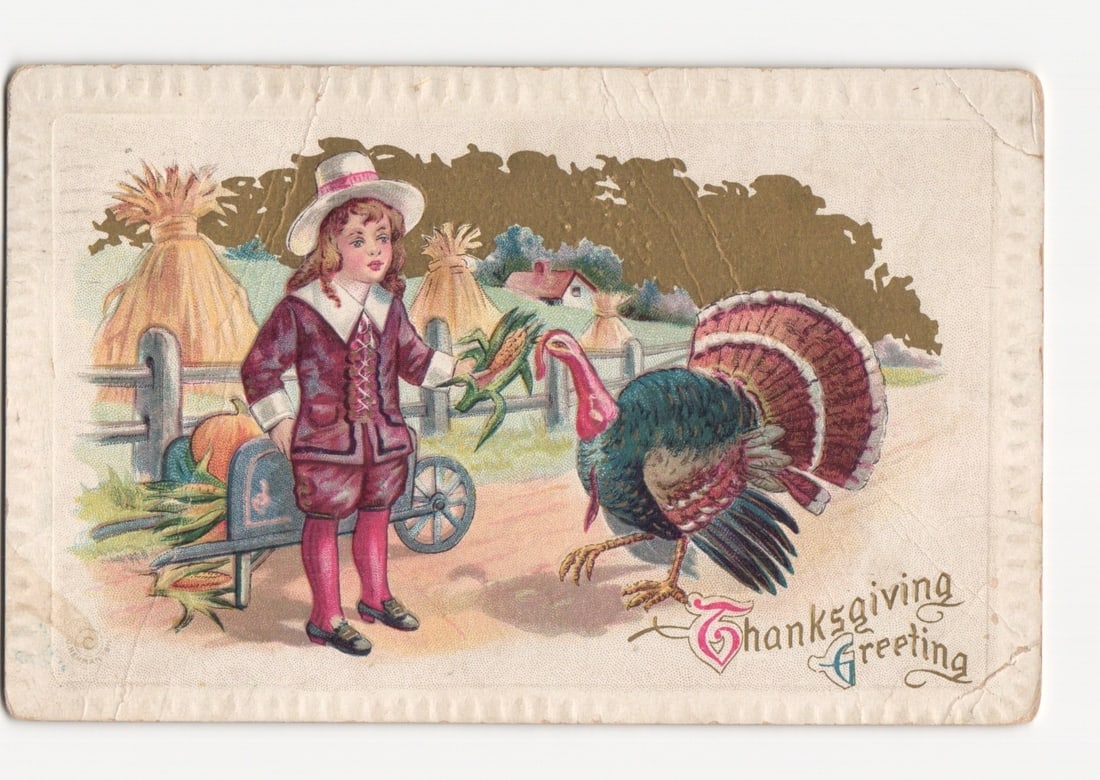 Chromolithograph Thanksgiving Greeting postcard of child with turkey in autumn harvest scene.: A chromolithograph illustration with metallic gold accents depicts a young person in pilgrim-style attire, including a white hat, red jacket, and pink stockings, holding ears of corn. They stand next 