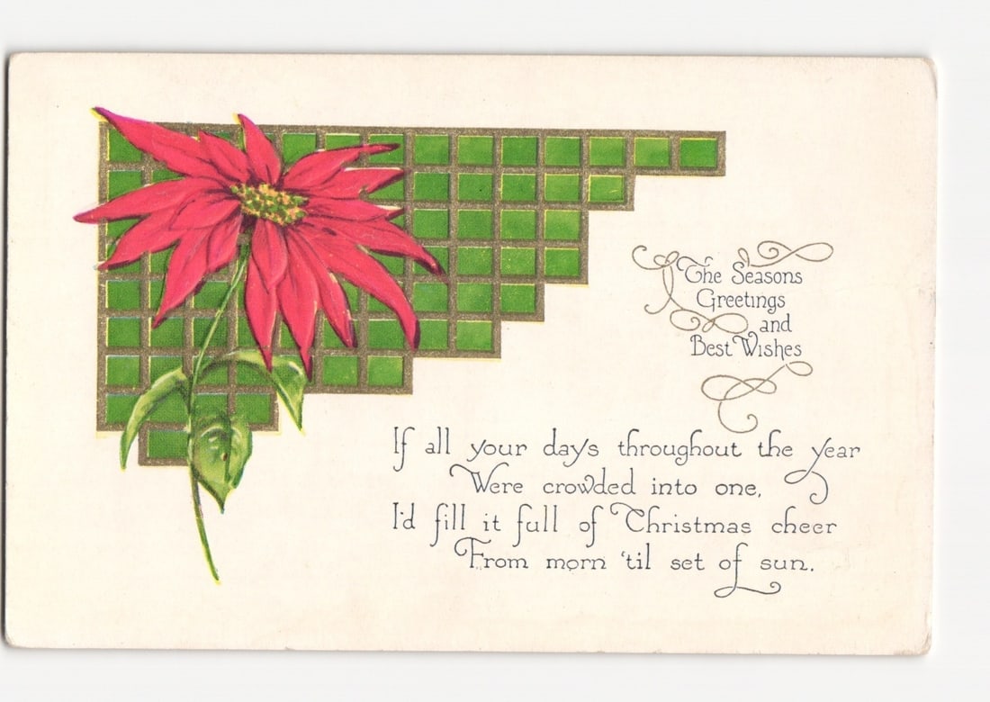 Illustrated Poinsettia Christmas Greetings postcard with green tiled design, early 20th C. style.: A large red poinsettia flower with green leaves is depicted in the lower left, extending upwards and right. The flower features multiple layers of bright red petals and a cluster of yellow stamens in 
